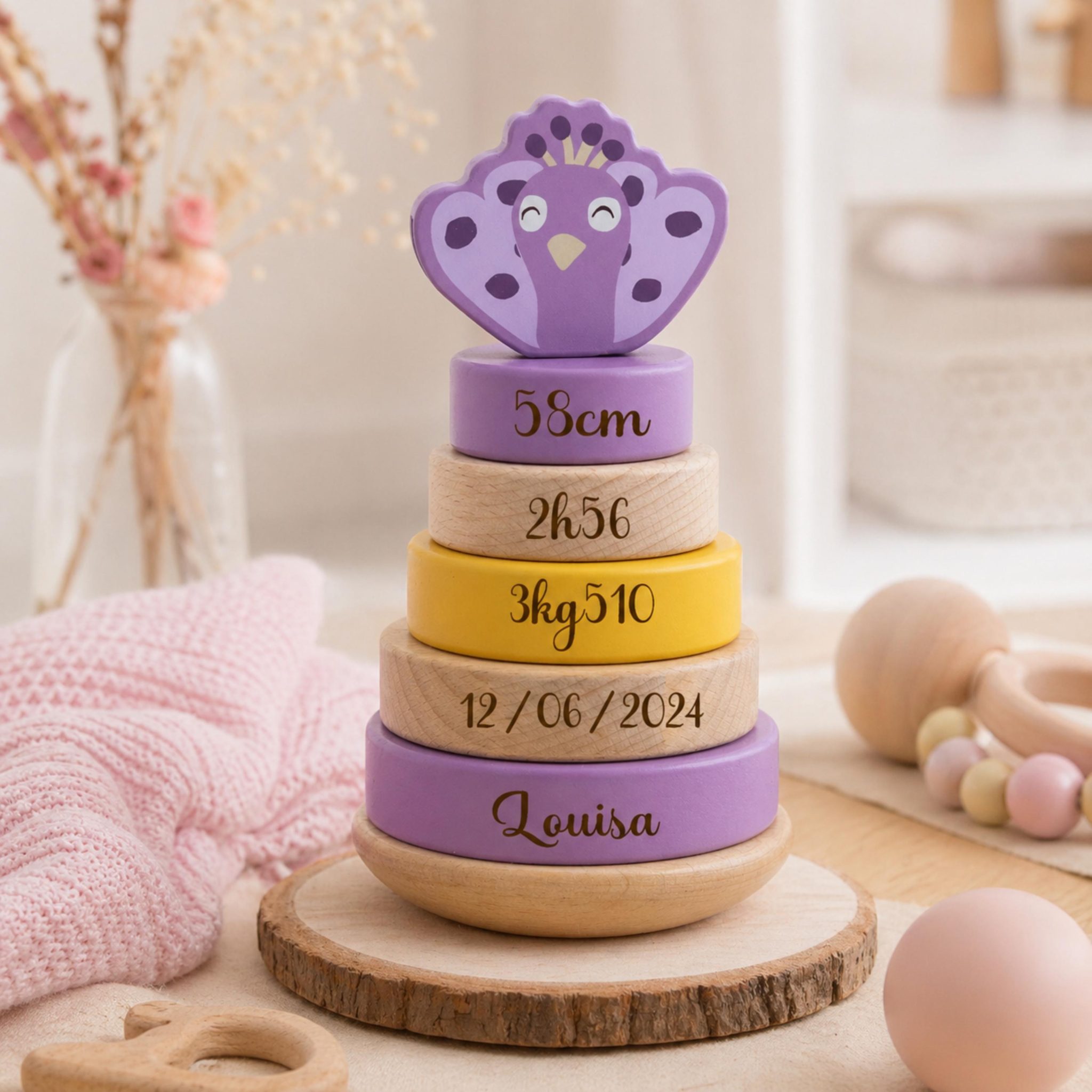 Tour naissance personnalisée Trixie avec anneaux à empiler- cadeaux de naissance, nouveau né cadeau bébé, jouet en bois bébé — cadeau naissance bébé