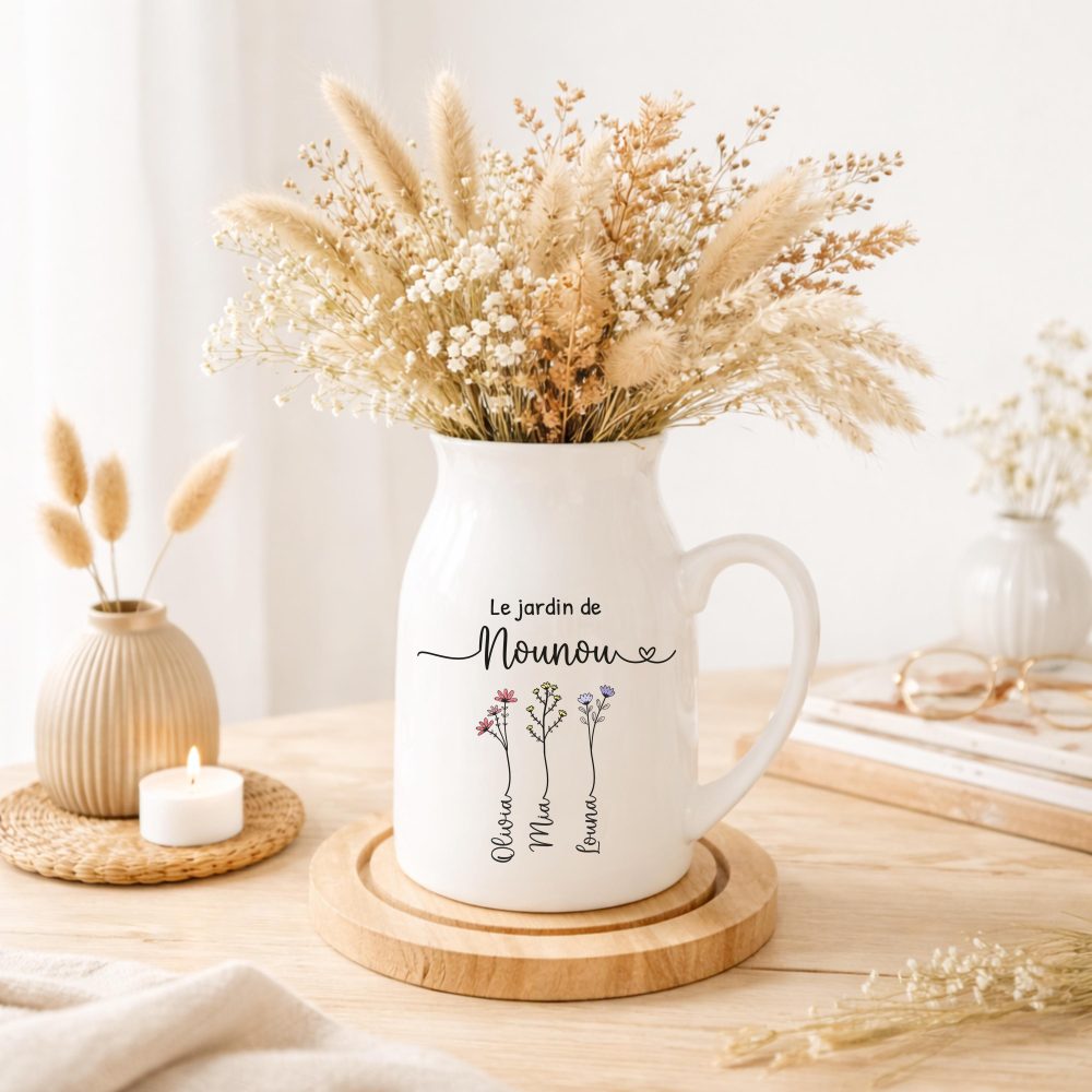 Vase personnalisé “Le jardin de Nounou” – cadeau fin d'année, Pichet céramique personnalisé, cadeau remerciement nounou, vase nounou