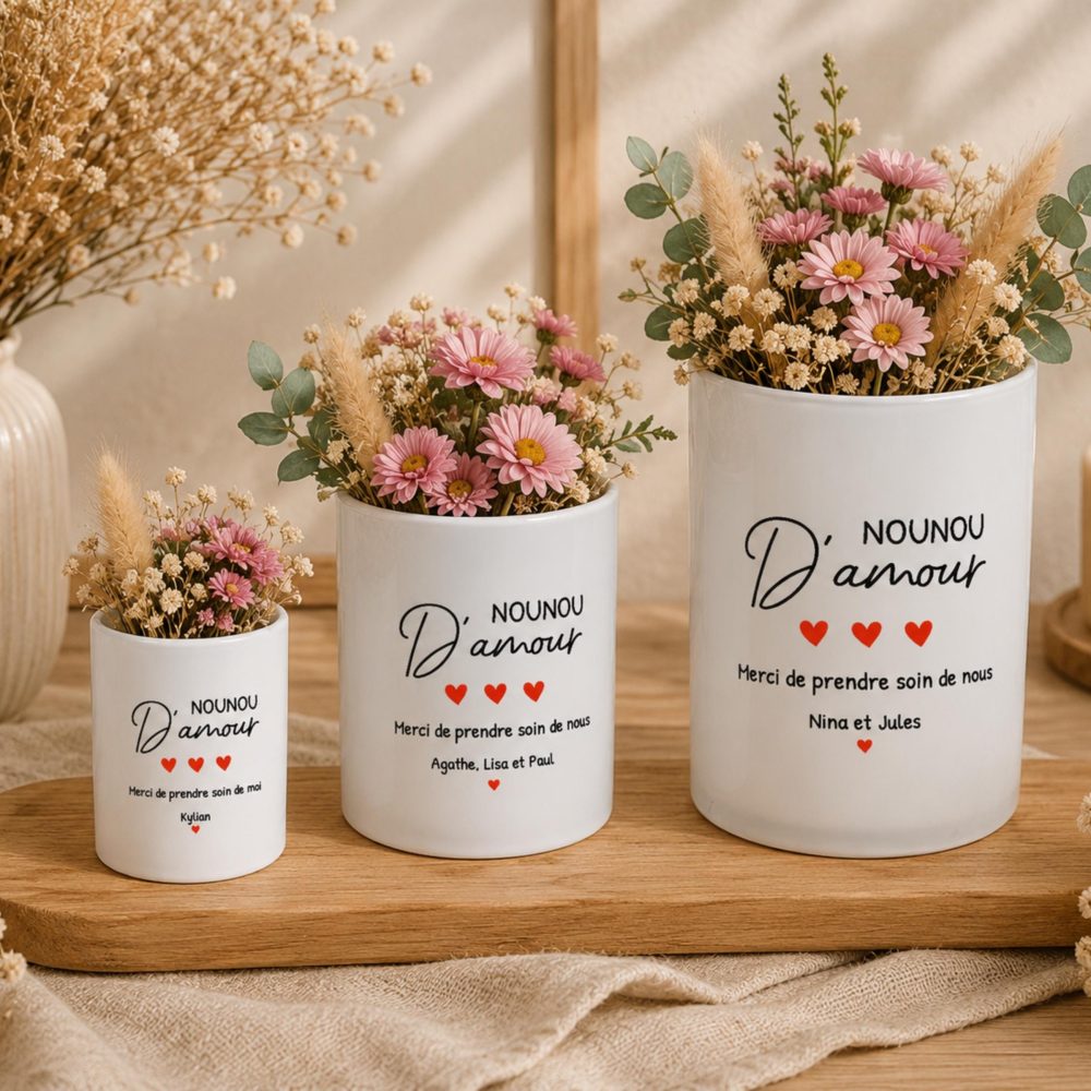 Pot de fleurs personnalisé “Nounou D'amour” – remerciement nounou fin d'année, cadeau nounou personnalisé, vase fleurs nounou, cadeau nounou