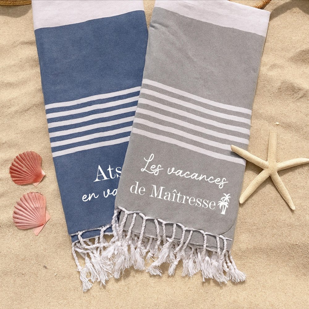 Cadeau Maîtresse serviette plage personnalisé, cadeau nounou, cadeau vacances maîtresse, foutas plage maîtresse, cadeau vacances nounou
