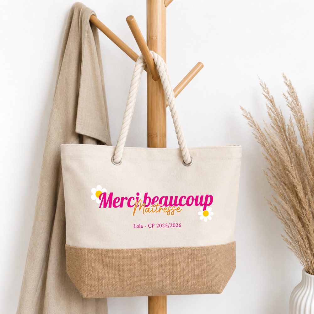Sac cabas Maitresse à personnaliser, cadeau merci Maitresse, cadeau maîtresse, cadeau remerciement maîtresse, cadeau fin d'année maîtresse