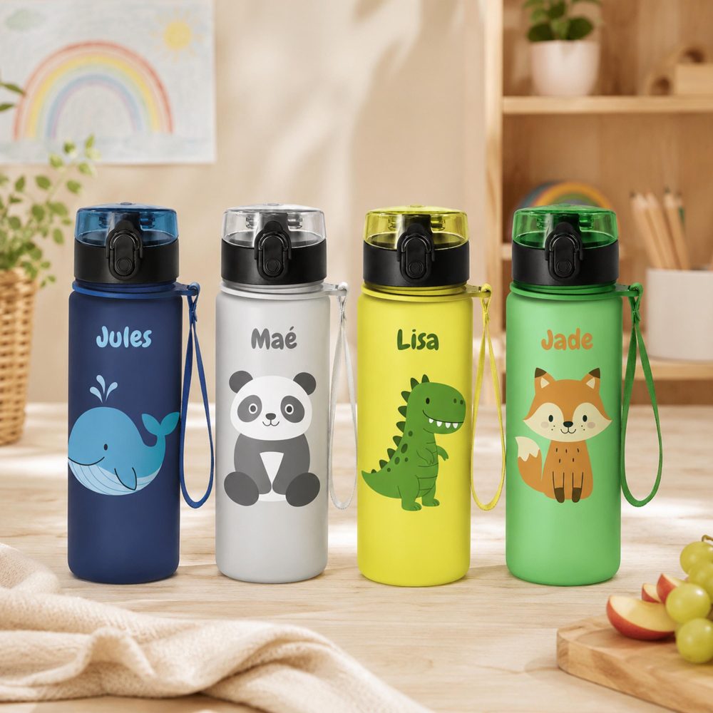 Gourde enfant personnalisée prénom 500 ml – Gourde école, sport, crèche, maternelle, primaire, anti-fuite, gourde prénom animaux enfant
