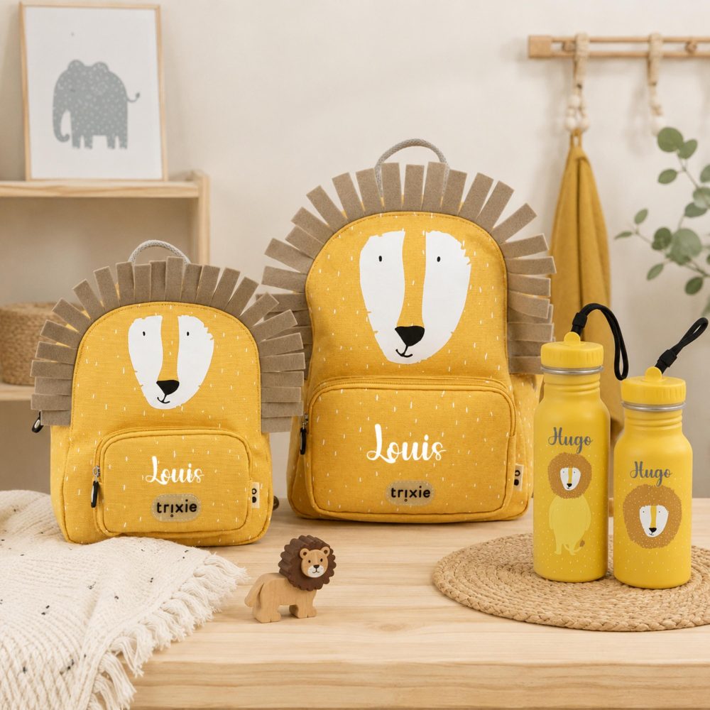 Sac à dos et gourde personnalisés enfant – Kit rentrée scolaire, maternelle, crèche, prénom, lion, école