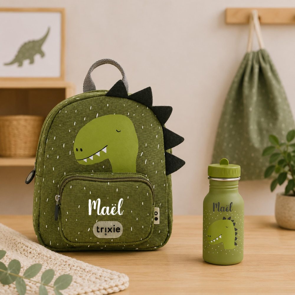 Ensemble sac à dos Dinosaure et Gourde 350ml personnalisés prénom enfant
