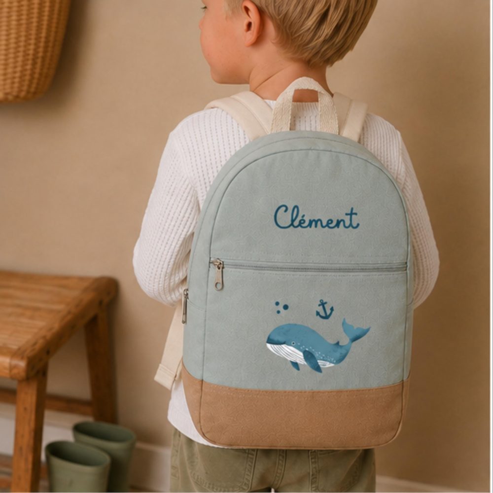 Sac a dos personnalisé enfant école - sac enfant baleine -sac rentrée scolaire animaux marins, sac prénom rentrée scolaire sac garçon école