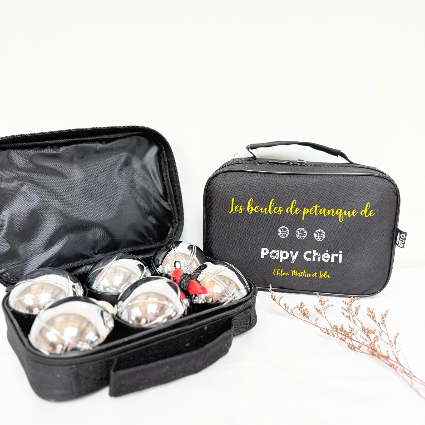 Kit : Sacoche pétanque personnalisée + 6 boules — cadeau de noël papy
