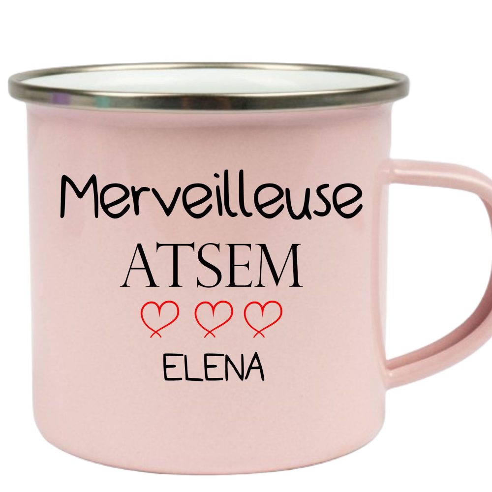 Mug acier émaillé personnalisé. Atsem