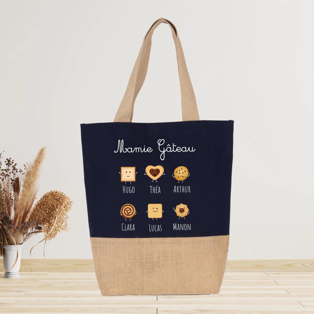 Sac Bleu en Jute Personnalisé fête des grands-mères