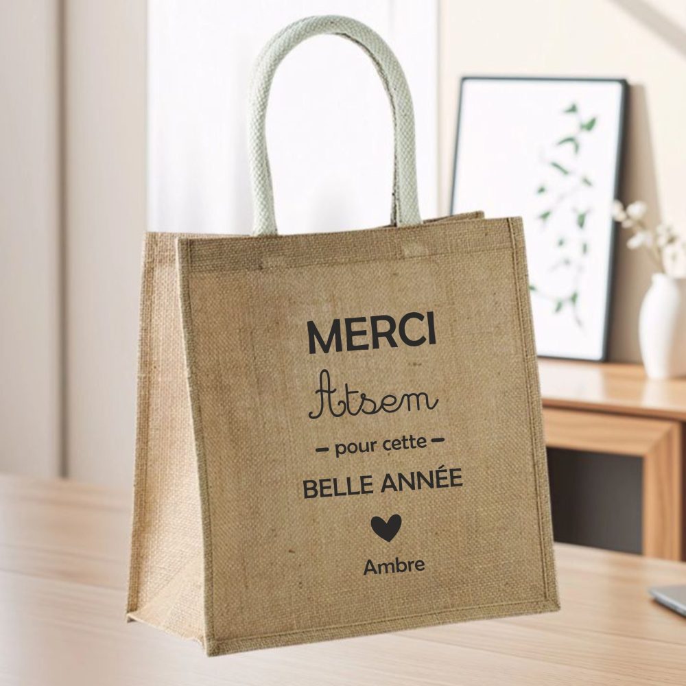 Sac cabas en jute personnalisé Merci Maitresse