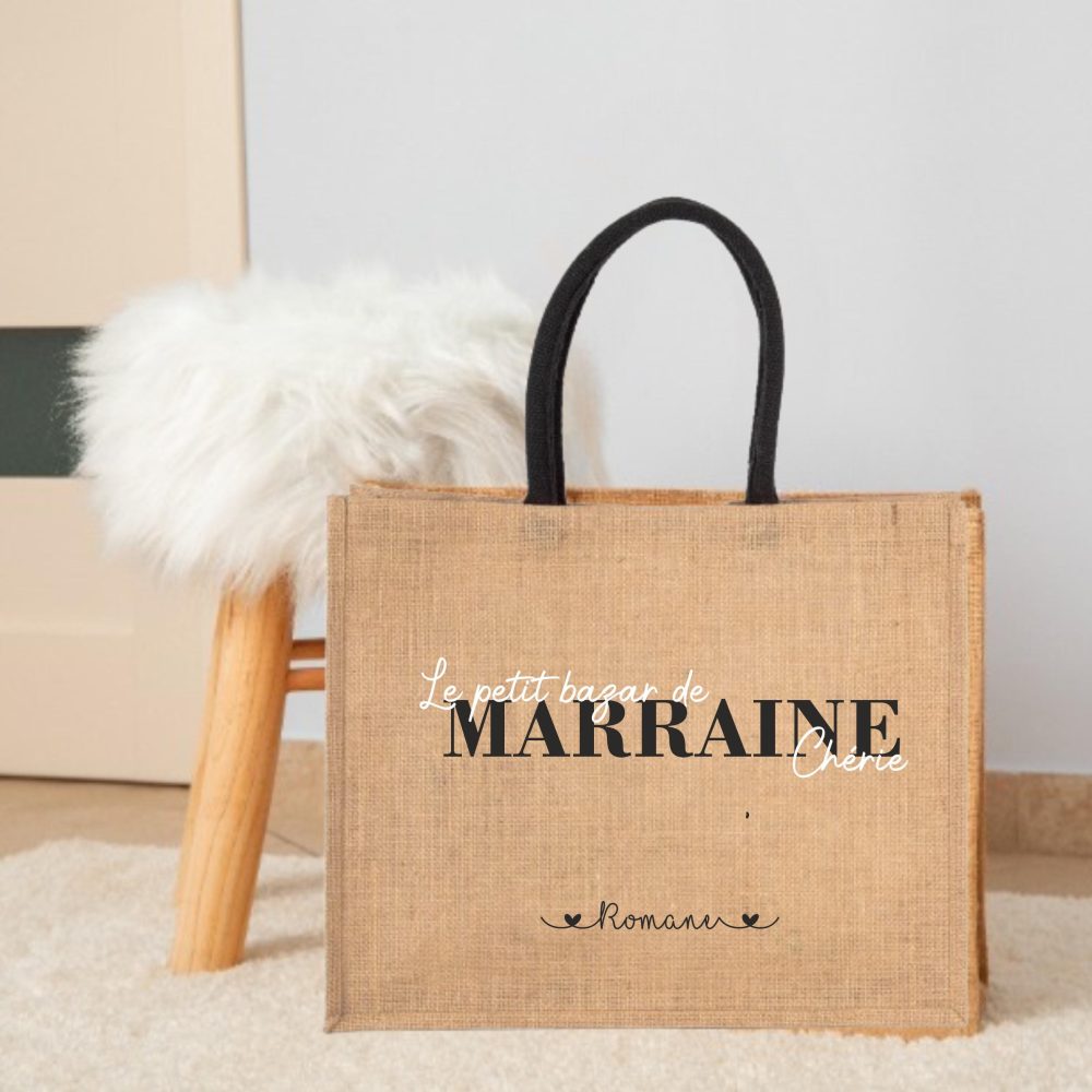 Sac en jute personnalisé "Le Petit Bazar - Anniversaires marraine