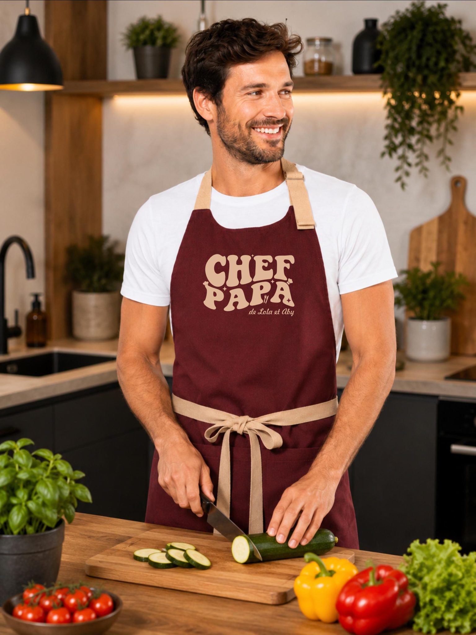 Tablier chef papa à personnaliser avec prénoms — cadeau papa cuisinier