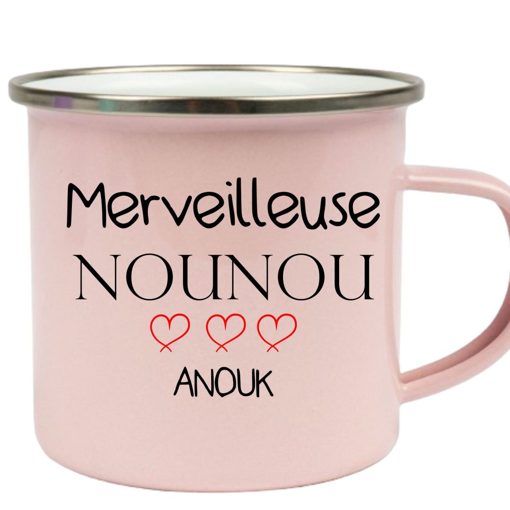 Tasse acier émaillé à personnaliser Nounou