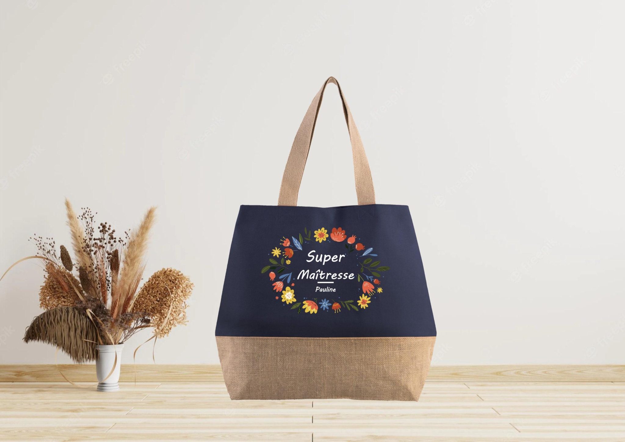 Grand sac cabas en jute à personnaliser Maîtresse