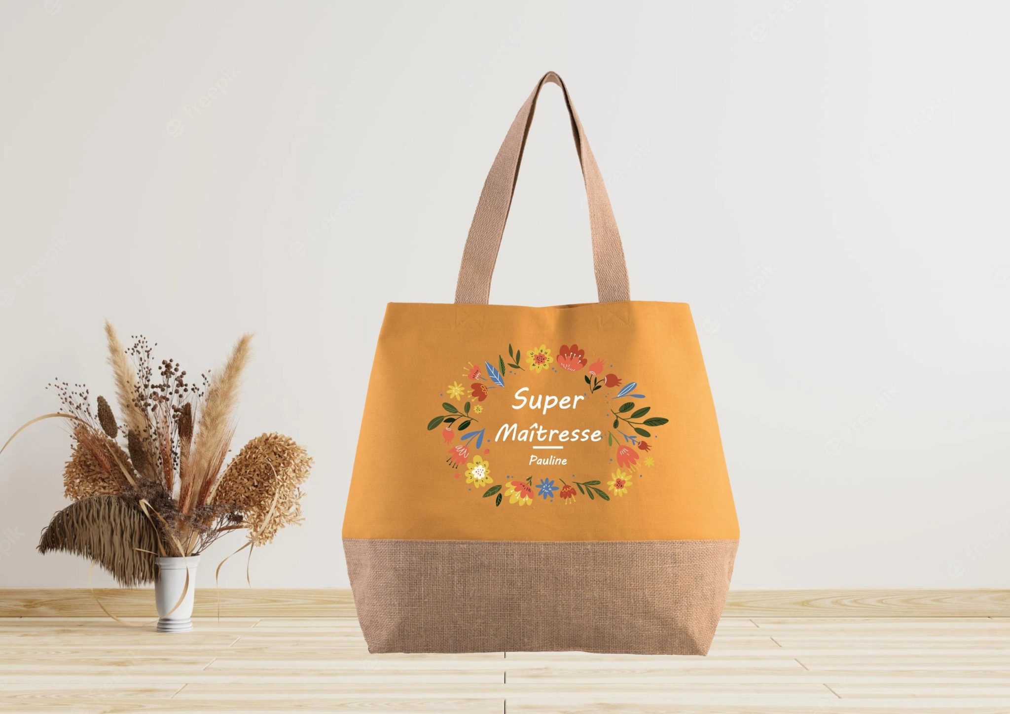 Grand sac cabas en jute à personnaliser Maîtresse — Cadeau AESH