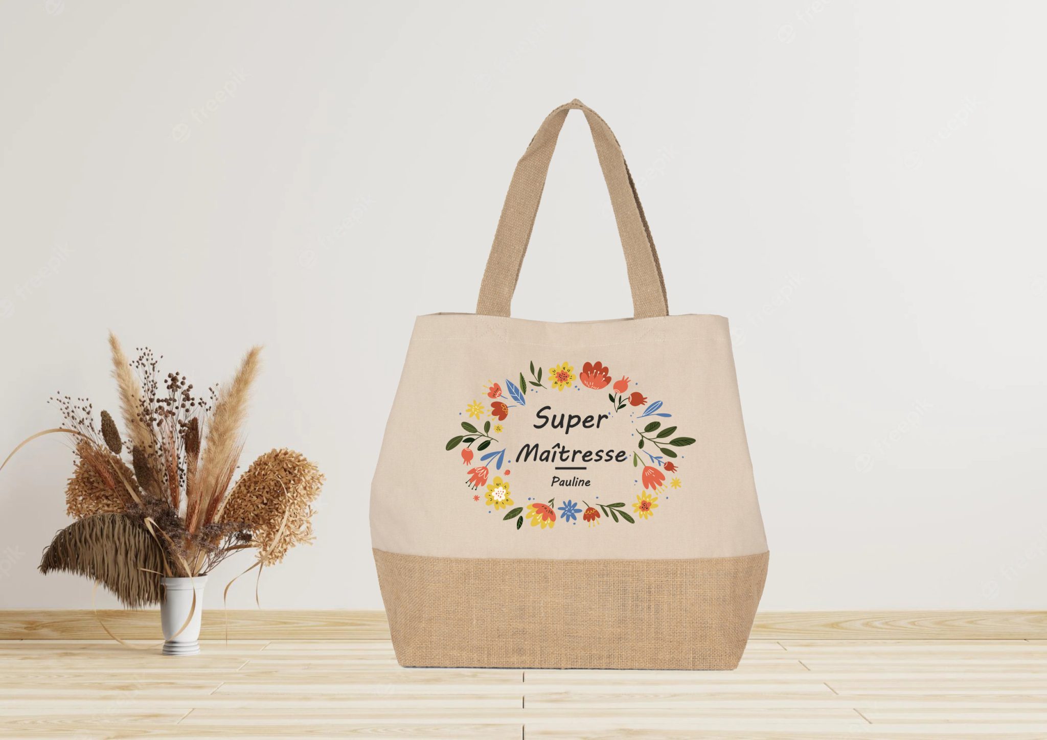 Grand sac cabas en jute à personnaliser Maîtresse — cadeau atsem