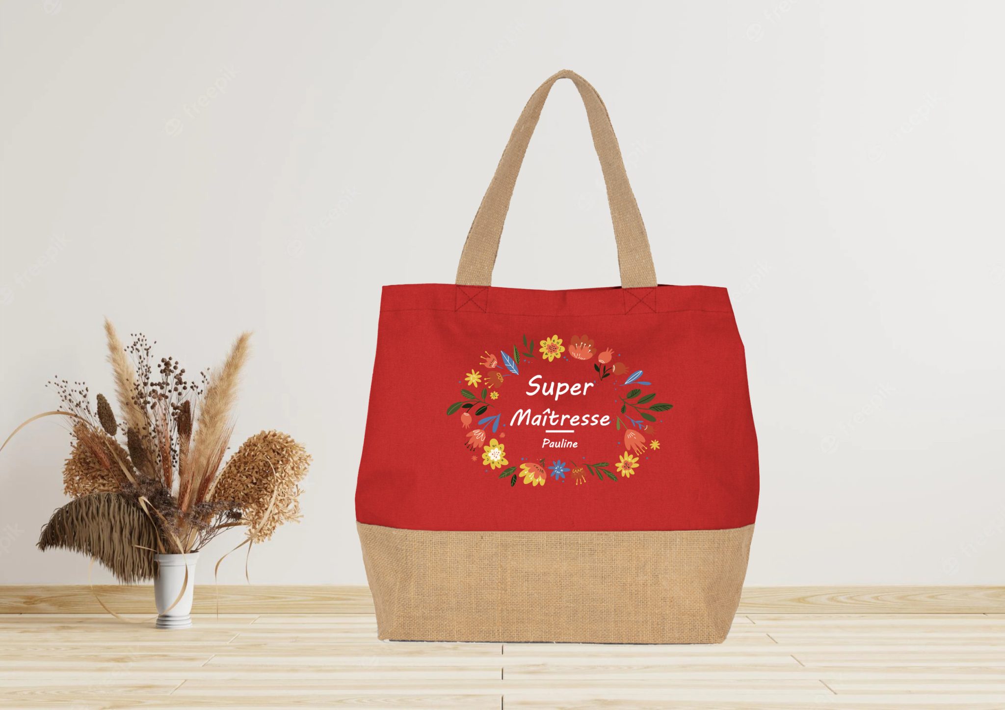 Grand sac cabas en jute à personnaliser Maîtresse — cadeau de fin d'année