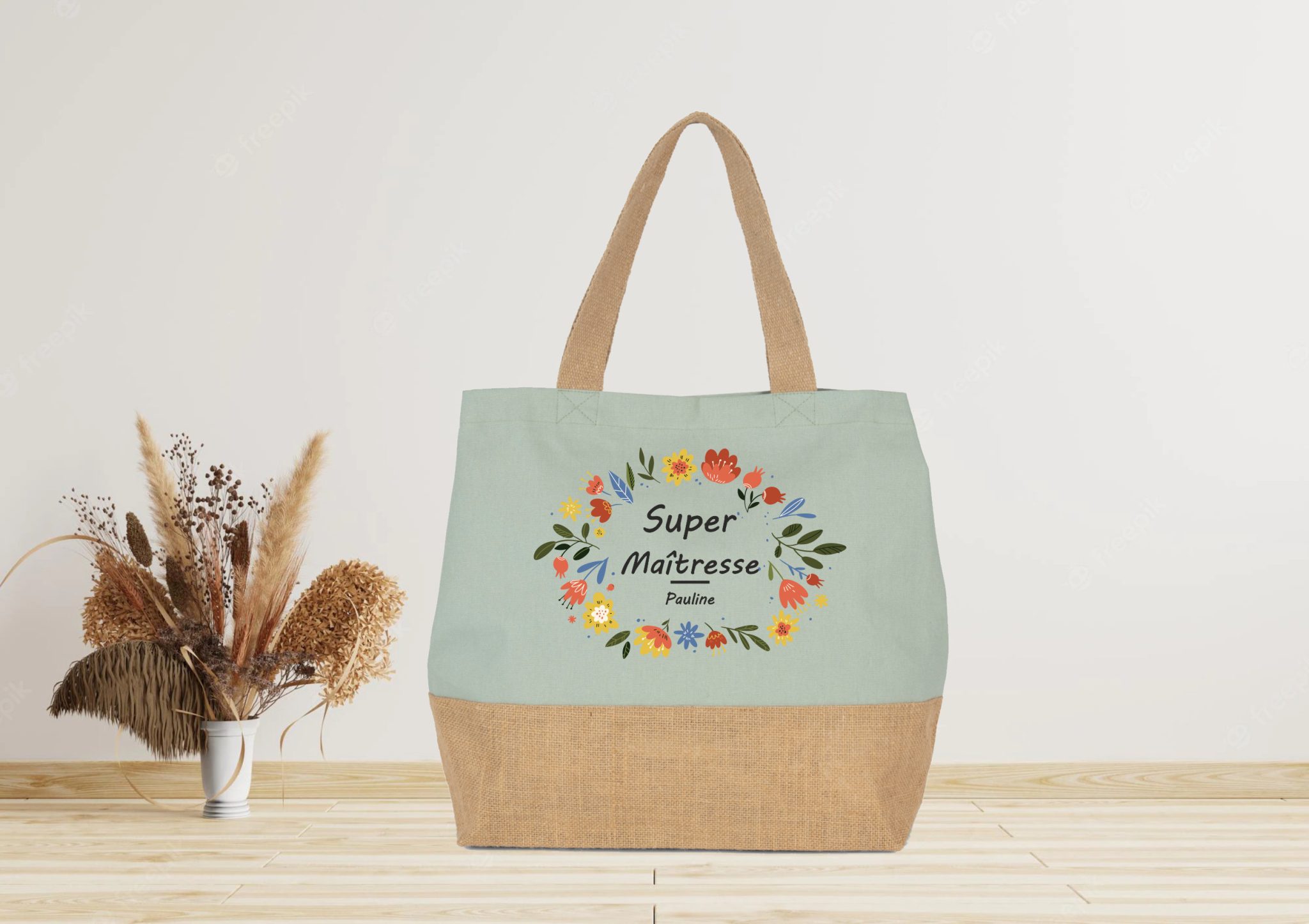 Grand sac cabas en jute à personnaliser Maîtresse — cadeau école