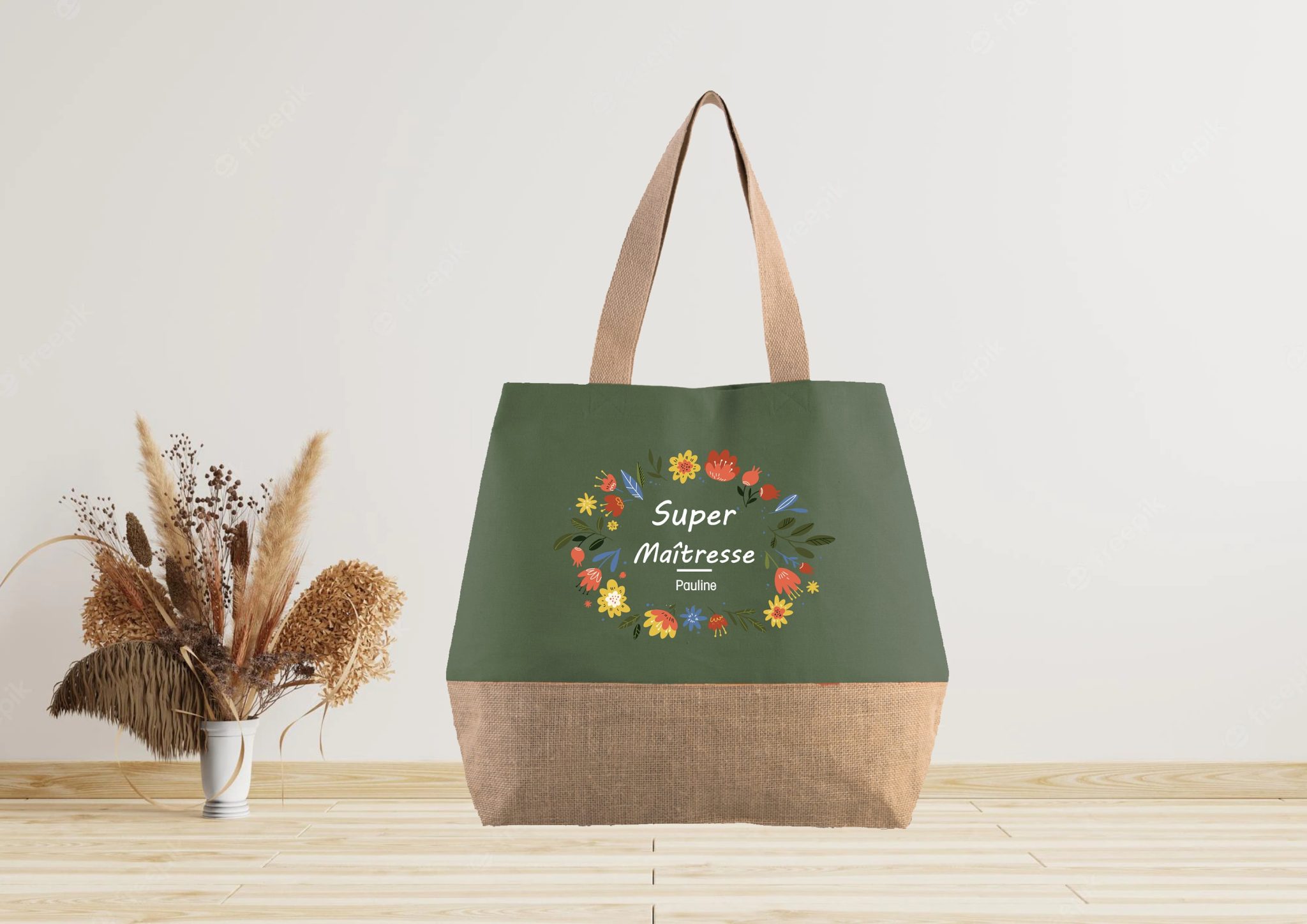 Grand sac cabas en jute à personnaliser Maîtresse — cadeau maîtresse