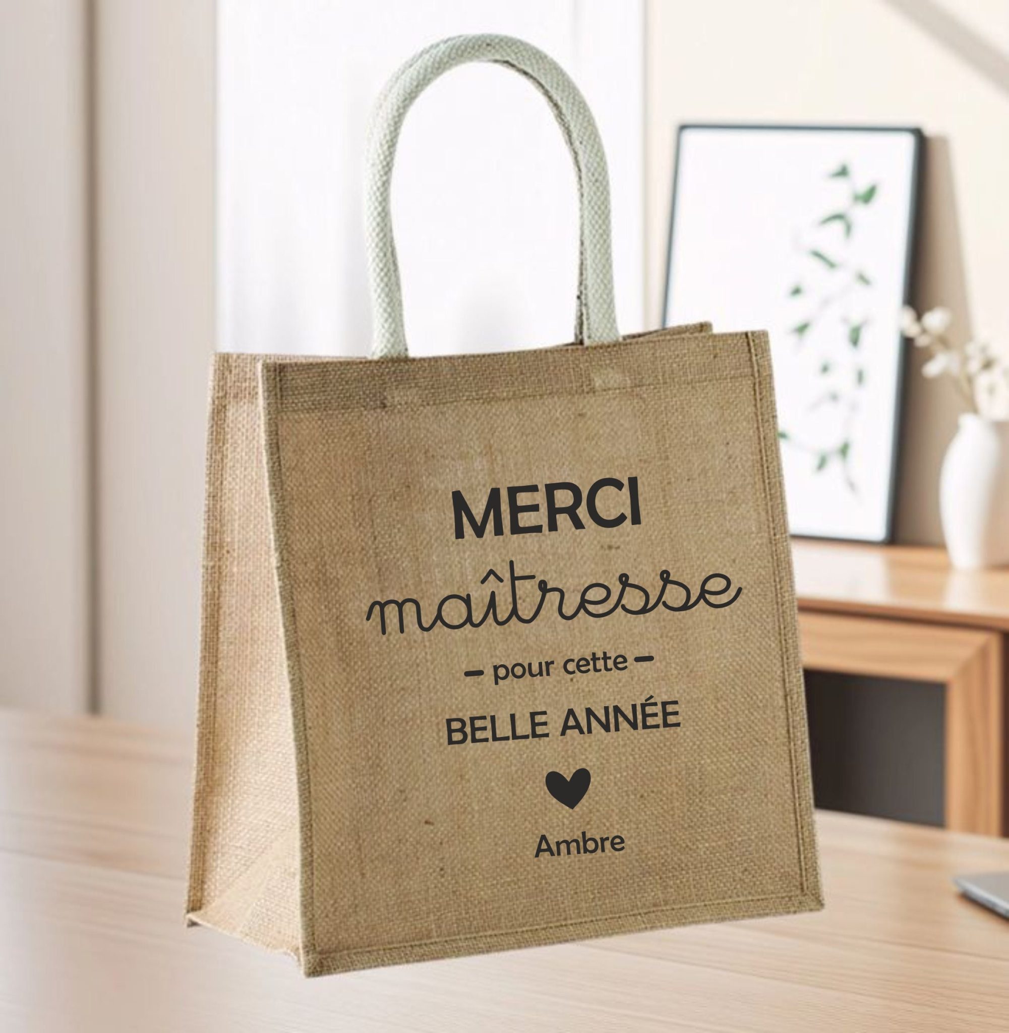 Sac cabas en jute personnalisé Merci Maitresse — atsem personnalisé