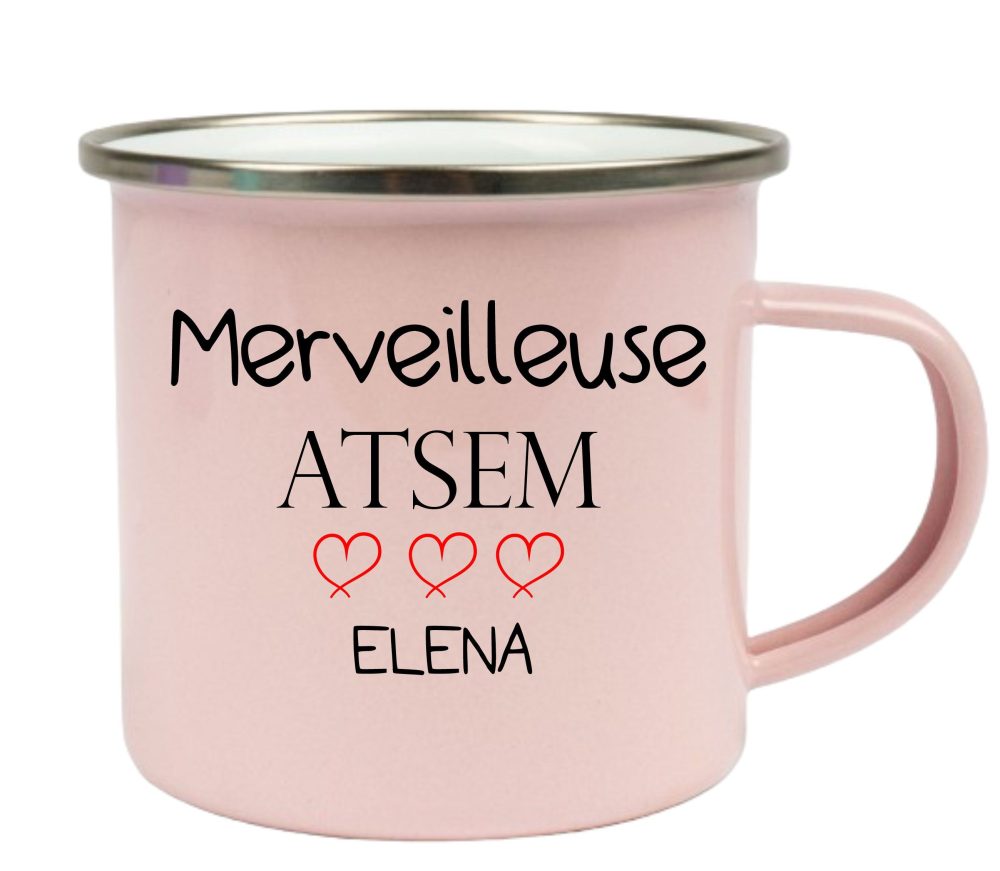 Mug acier émaillé personnalisé. Atsem
