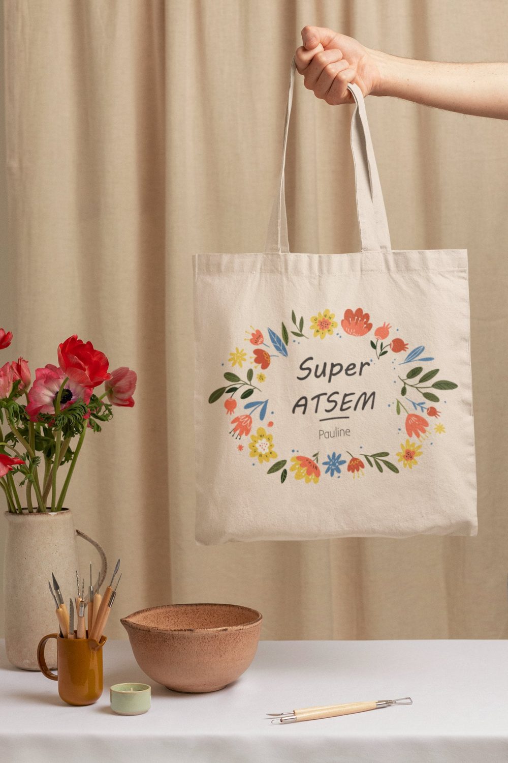 Tote bag personnalisé maitresse atsem — cadeau personnalisable